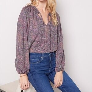 Evereve XS Kyra Paisley Popover Blouse Top Split Neck Balloon Sleeve